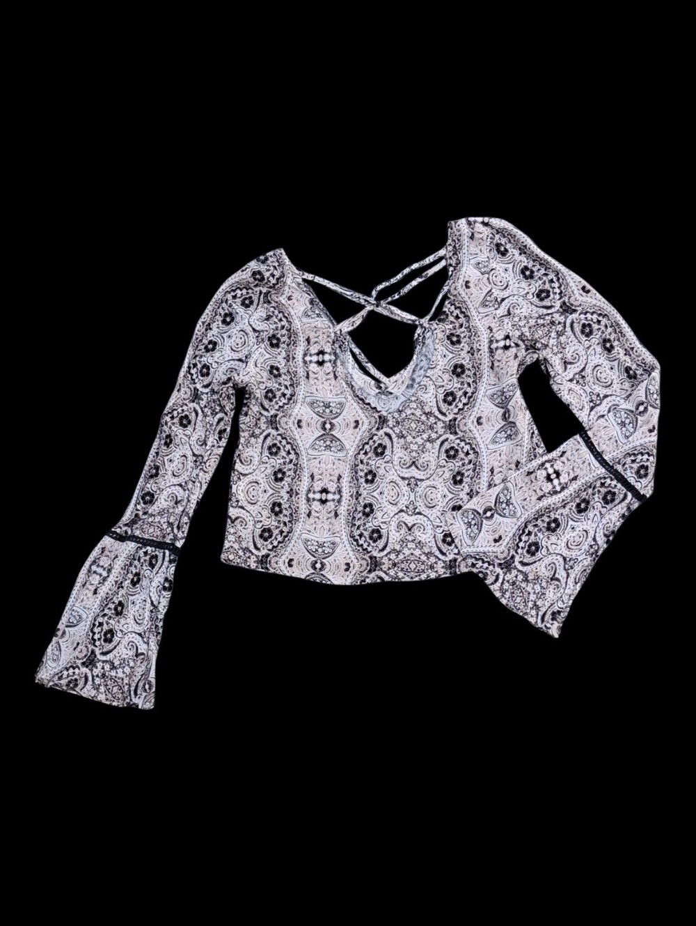 Paisley Long Bell Sleeve Crisscross V-Neck Beige Crop Top